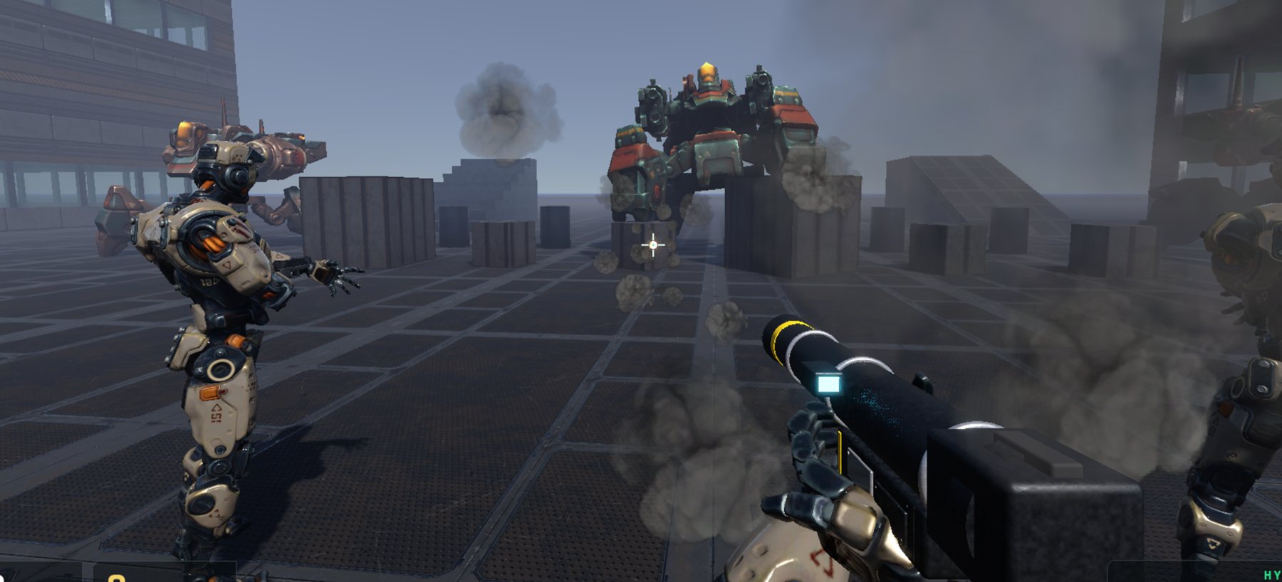 Armoured robots and a battle mech fighting in a city