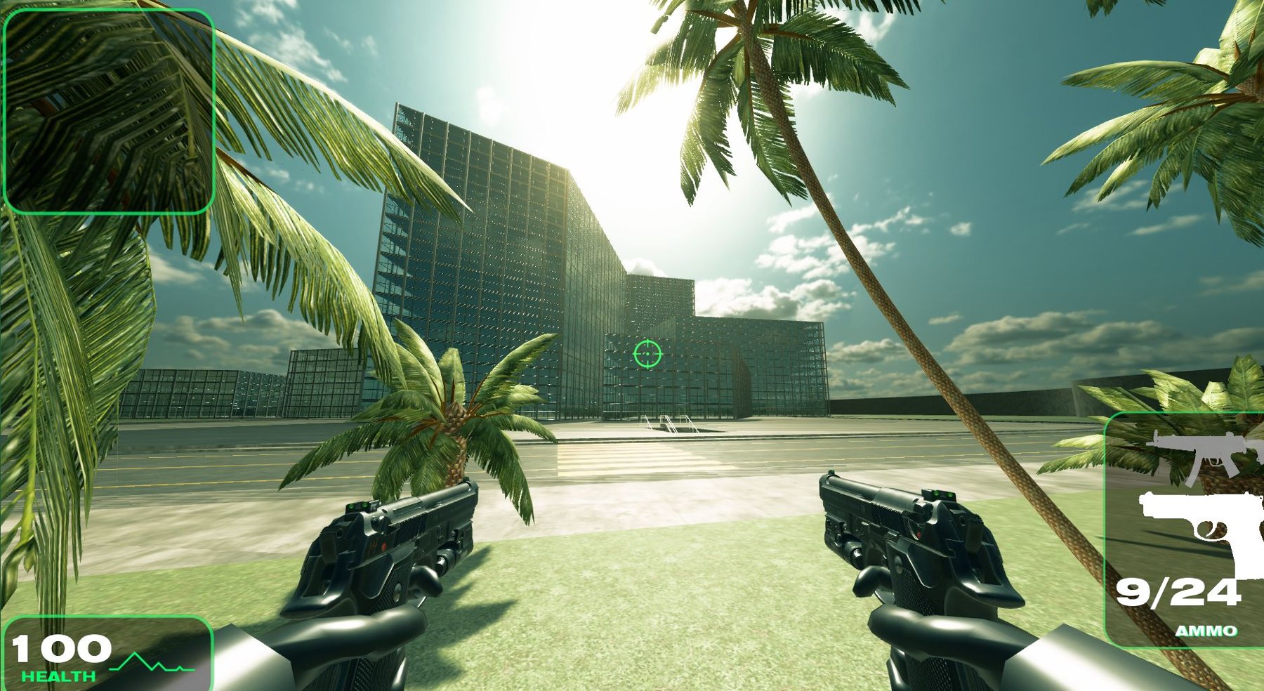 First-person view with two pistols among palm trees