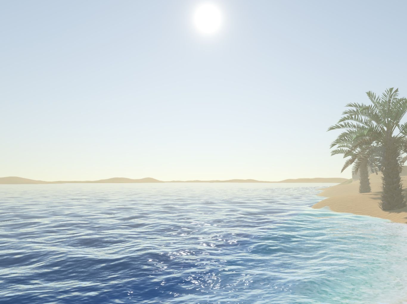 Open sea meeting a sandy beach with palm trees