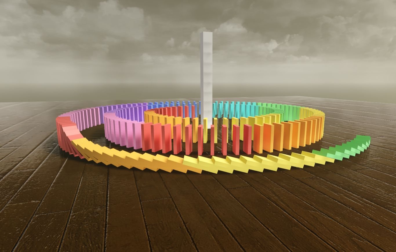 A spiral of colourful dominoes falling