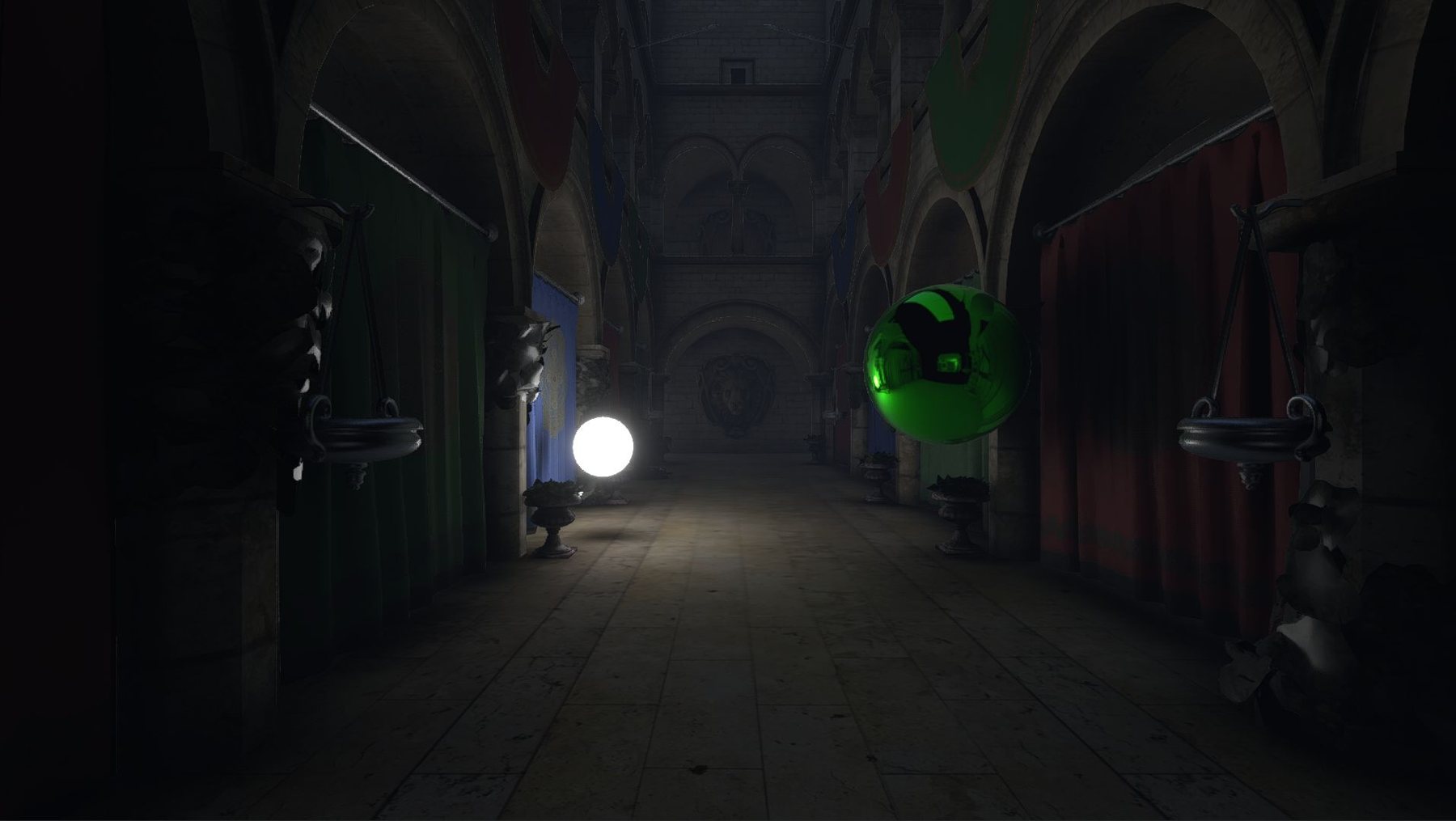 A palace hall with a glowing light and a mirrored green sphere